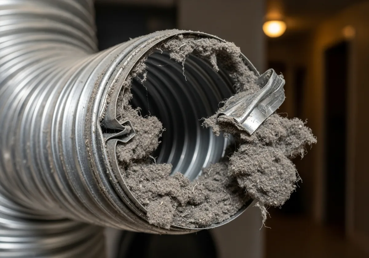 Clogged dryer vent with lint buildup - fire hazard