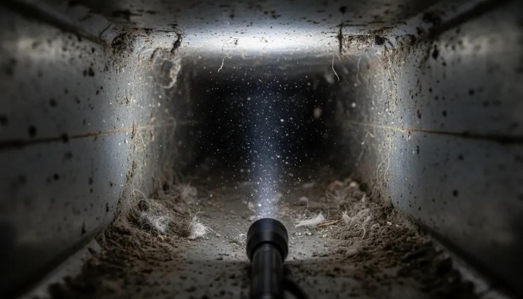 Inside view of air duct during professional HEPA vacuum extraction