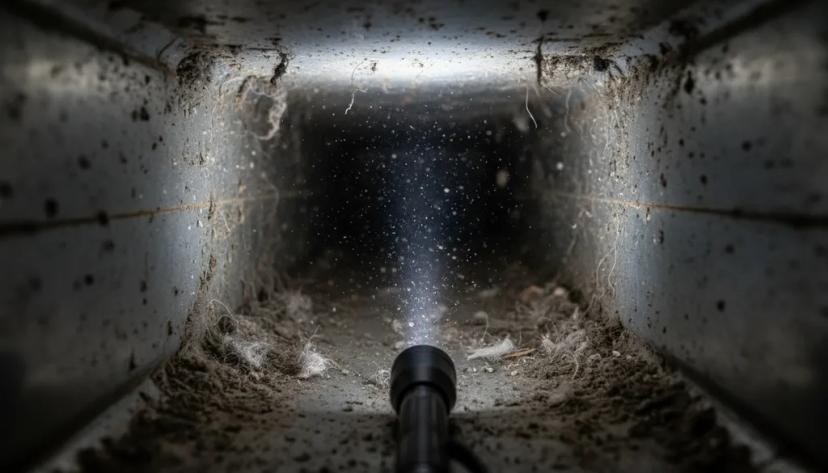 Inside view of air duct during professional HEPA vacuum extraction