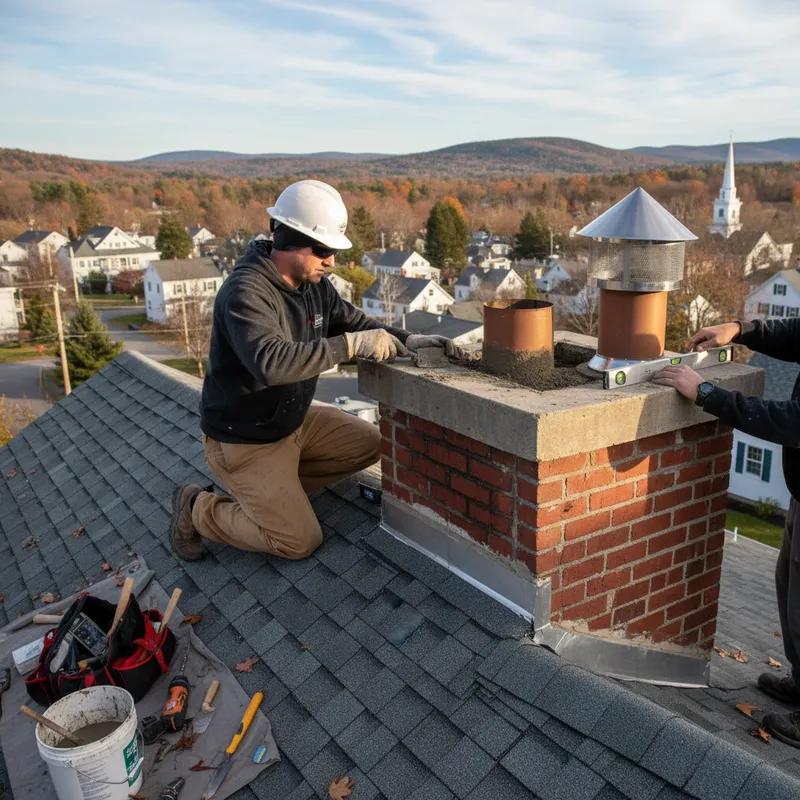 Technician installing chimney cap on residential roof